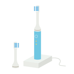 充電スタンドに立てた電動歯ブラシと替えブラシのイラスト